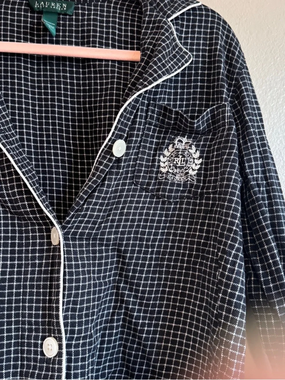 Ralph Lauren Black and White Grid-Print Button Pajama Top